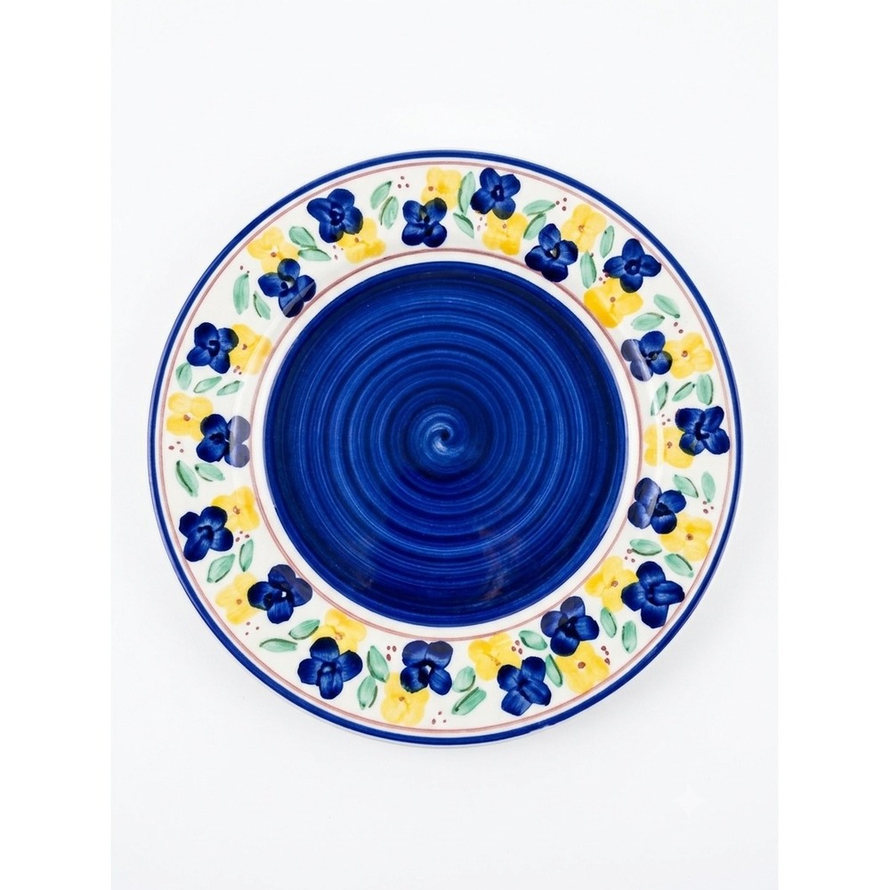 Vintage Verona Fine Porcelain Blue and Yellow Floral Swirl Rim Salad Plate